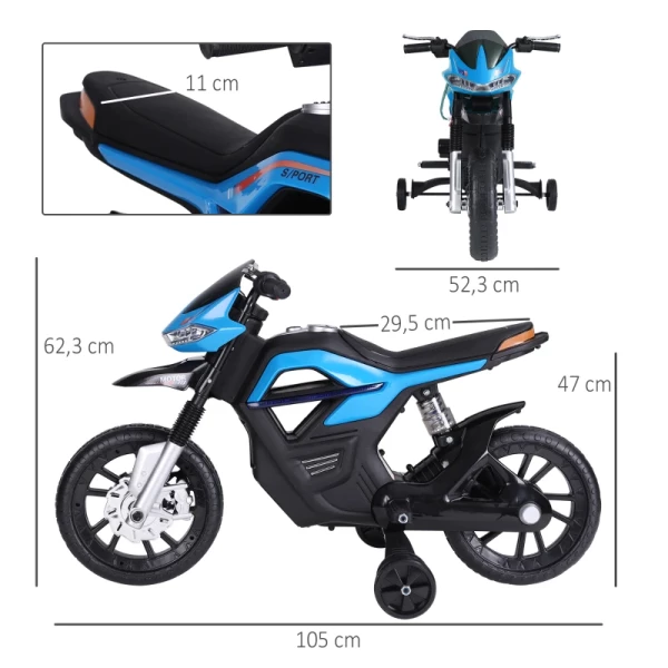  Kindermotor Elektrische Motorfiets Voor Kinderen 3-6 Jaar Lichte Muziek MP3 Elektrisch Voertuig Met Steunwielen Maximaal 3 Km/u Metaal + Kunststof Blauw 105 X 52,3 X 62,3 Cm 3