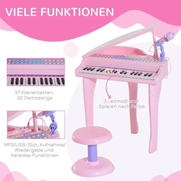  Kinderpiano Mini Piano Keyboard Muziekinstrument MP3 USB Inclusief Krukje 37 Toetsen Roze 5