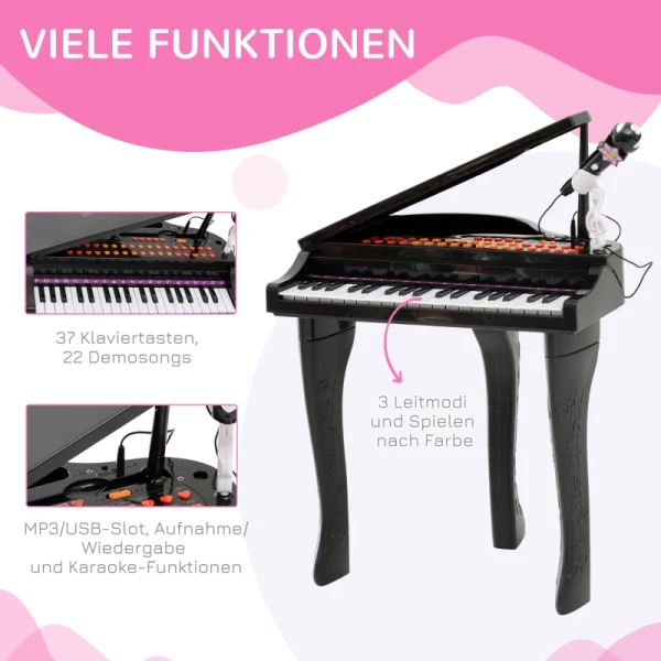  Kinderpiano Mini-pianotoetsenbord Muziekinstrument MP3 USB Incl. Kruk 37 Toetsen Zwart 5