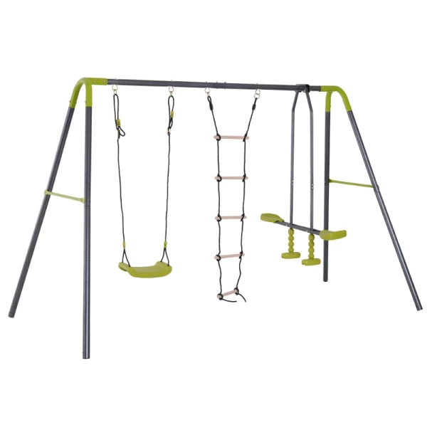 Kinderschommel Tuinschommel Schommelframe Schommelset Met Metalen Frame Klimmen Touwladder Wip 3-10 Jaar Tot 3 Kinderen 1