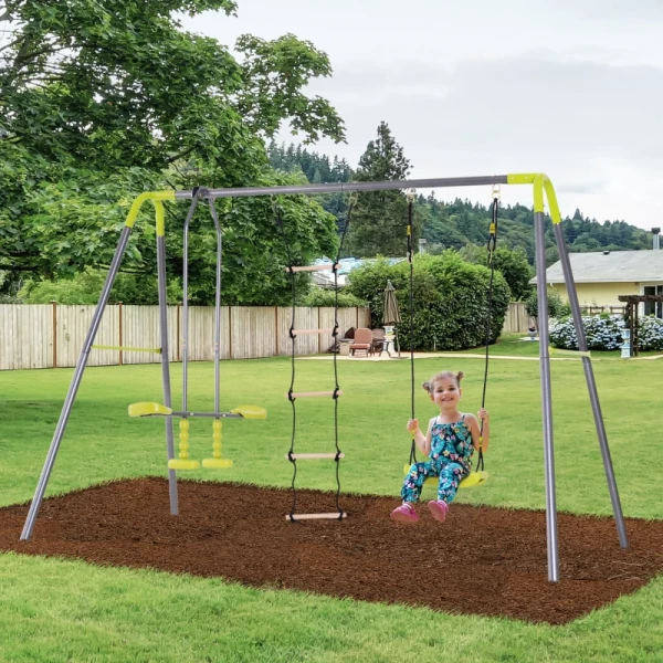  Kinderschommel Tuinschommel Schommelframe Schommelset Met Metalen Frame Klimmen Touwladder Wip 3-10 Jaar Tot 3 Kinderen 10