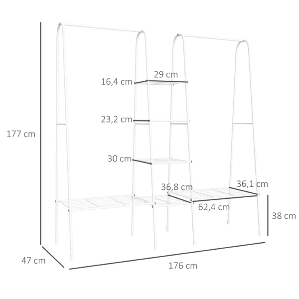  Kledingrek Met Schoenenrek, Vrijstaande Kledingstang, Kapstok, Staal, Wit, 176 X 47 X 177 Cm 3