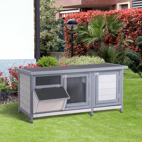  Kleindierhok Kleindierkooi Met Bodemplaat Kleindierhuis Met Asfaltdak En Voerbak Buiten Binnen Dennenhout Grijs + Zwart 112 X 50 X 54 Cm 2