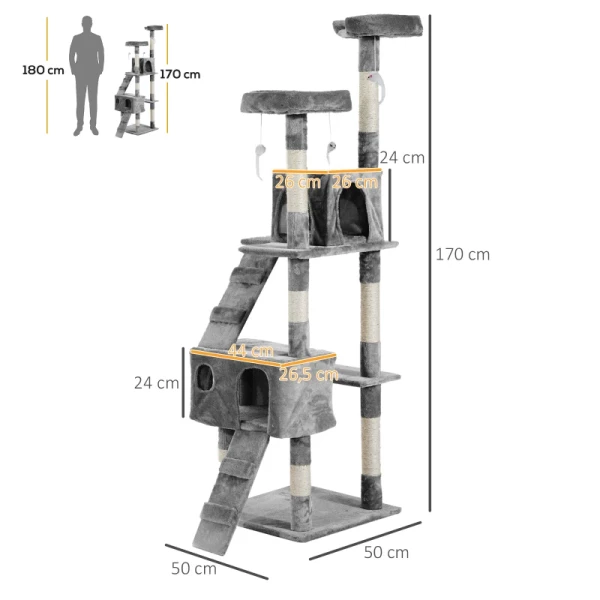  Krabpaal Met Kattengrot Ladder XXL Krabpaal Klimboom Klimboom Voor Katten Multi-Level Multi-Activity Center Pluche Grijs 50 X 50 X 170 Cm 3