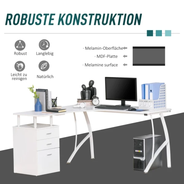  L-vormig Bureau Met Lades MDF Metaal Wit 143,5 X 143,5 X 76 Cm 5