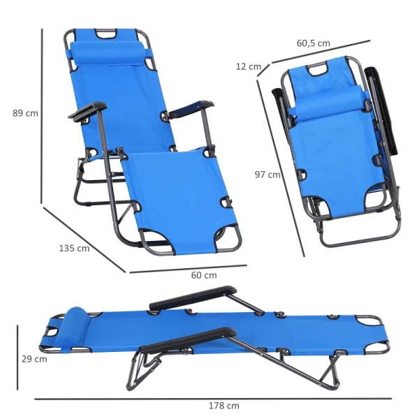  Ligstoel Met Kussen, Opvouwbare Strandligstoel, 2-laags Tuinligstoel, 2-in-1 Relaxligstoel, Metaal + Oxford Stof, Blauw 135 X 60 X 89 Cm 3