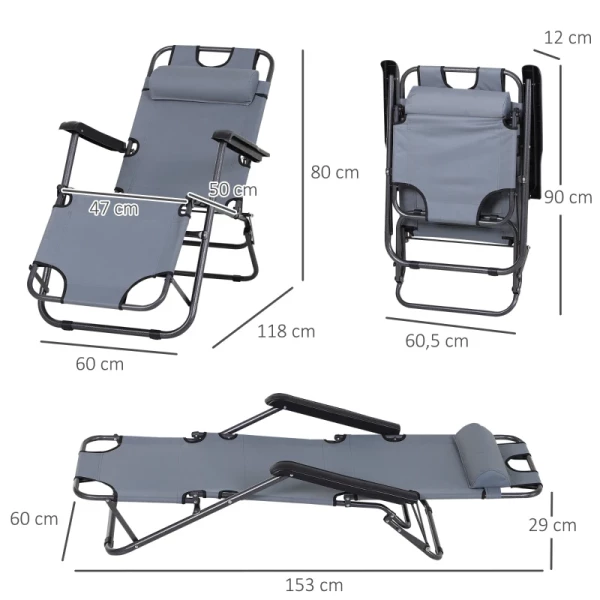  Ligstoel Met Kussen, Opvouwbare Strandligstoel, 2-laags Tuinligstoel, 2-in-1 Relaxligstoel, Metaal + Oxford Stof, Grijs 118 X 60 X 80 Cm 3