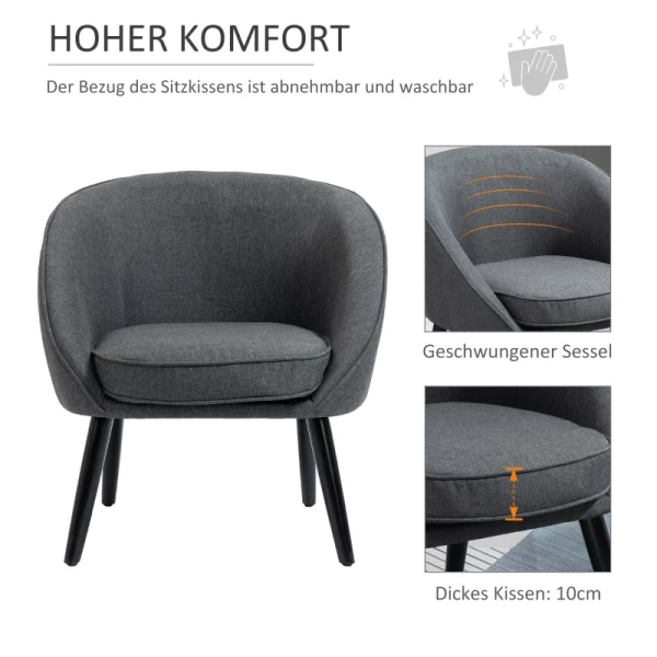  Loungestoel, Cocktailstoel, Woonkamerstoel, Bureaustoel, Gestoffeerde Stoel Voor Woonkamer, Slaapkamer, Kinderkamer, Eetkamer, Modern Met Linnenlook, Hout, Grijs 71 X 65 X 75 Cm 4