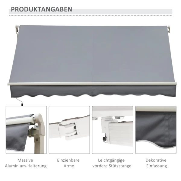  Luifel, Zonwering, Intrekbaar, Met Handslinger, Metalen Frame, Polyester, Grijs+wit, 3,95 X 2,45 X 3,50 M 7