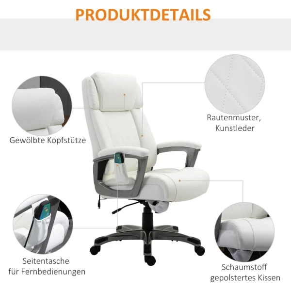  Massage Bureaustoel 6-punts Massagedraaistoel Ergonomische Stoel Verstelbaar In Kunstleer Met Gebogen Hoofdsteun En Armleuningen Wit 70 X 76,5 X 114-124 Cm 5