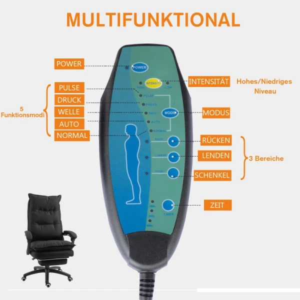  Massage Bureaustoel, Directiestoel Met Massagefunctie, Gamestoel, In Hoogte Verstelbare, Ergonomische Draaistoel, Massagestoel, Nylon, Zwart, 70 X 62 X 120-130 Cm 5