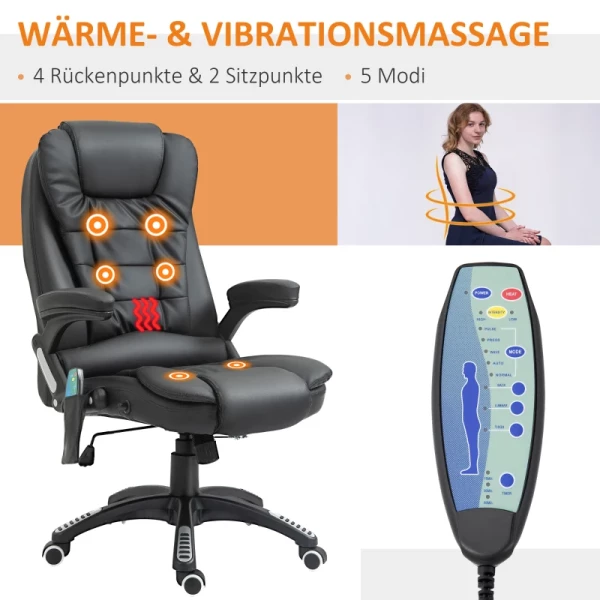  Massagestoel, Bureaustoel, Directiestoel, Gamestoel, 6-punts Vibratiemassage Met Warmtefunctie, Kunstleren Draaistoel (zwart), 62 X 68 X 111 – 121 Cm 4