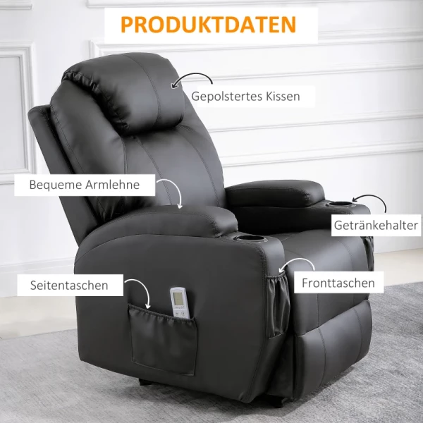  Massagestoel, Elektrische Relaxstoel, Tv-stoel, Massagefunctie, Ligfunctie, Kunstleer, Hout, Metaal, Schuim, Zwart, 82 X 97 X 110 Cm 8