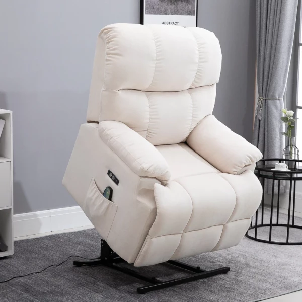  Massagestoel, Opstahulp, Tv-stoel, Sta-opstoel, Relaxstoel Met Warmtefunctie, Fauteuil Met Opstahulp, Verstelbare Hoek, USB-afstandsbediening, Kort Pluche, Creme, 83 X 95 X 105 Cm 2