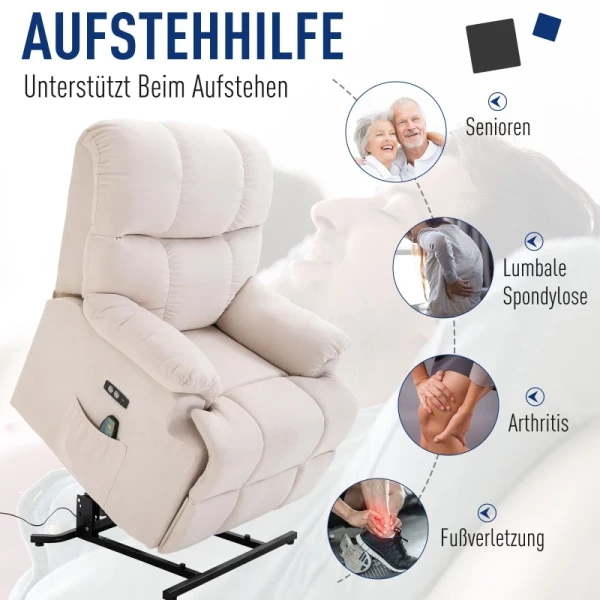  Massagestoel, Opstahulp, Tv-stoel, Sta-opstoel, Relaxstoel Met Warmtefunctie, Fauteuil Met Opstahulp, Verstelbare Hoek, USB-afstandsbediening, Kort Pluche, Creme, 83 X 95 X 105 Cm 4