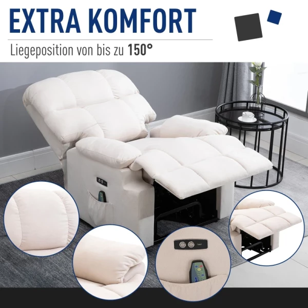  Massagestoel, Opstahulp, Tv-stoel, Sta-opstoel, Relaxstoel Met Warmtefunctie, Fauteuil Met Opstahulp, Verstelbare Hoek, USB-afstandsbediening, Kort Pluche, Creme, 83 X 95 X 105 Cm 6