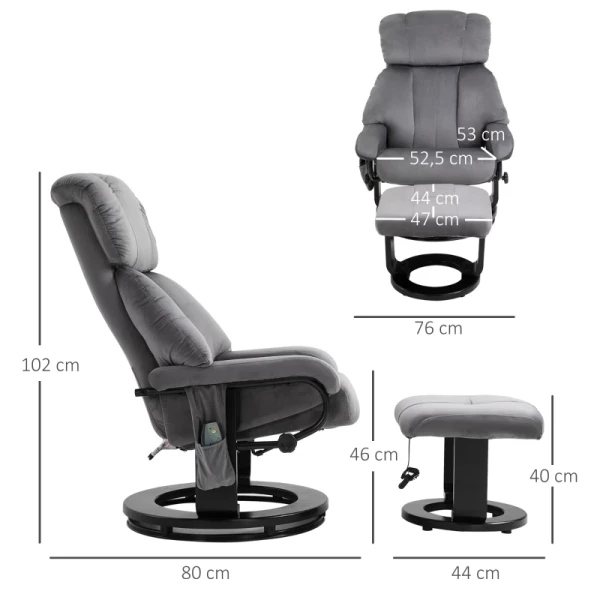  Massagestoel TV-stoel Relaxstoel Met Ligfunctie Fauteuil Met Kruk Massagefunctie Fluweelachtig Polyester Grijs 76 X 80 X 102 Cm 3