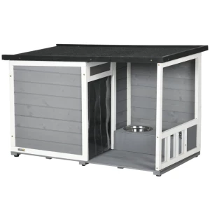  Massief Hout 2 Kom Hondenkennel Veranda Weerbestendig 103cm X 62cm X 66cm Grijs + Wit 1