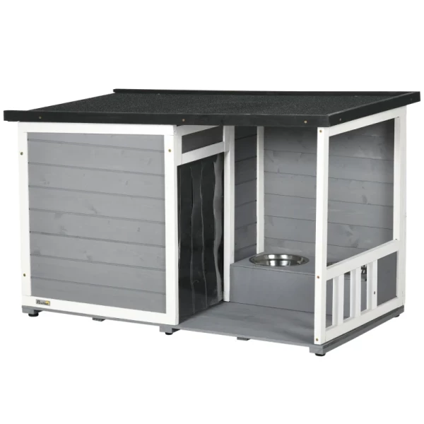 Massief Hout 2 Kom Hondenkennel Veranda Weerbestendig 103cm X 62cm X 66cm Grijs + Wit 1