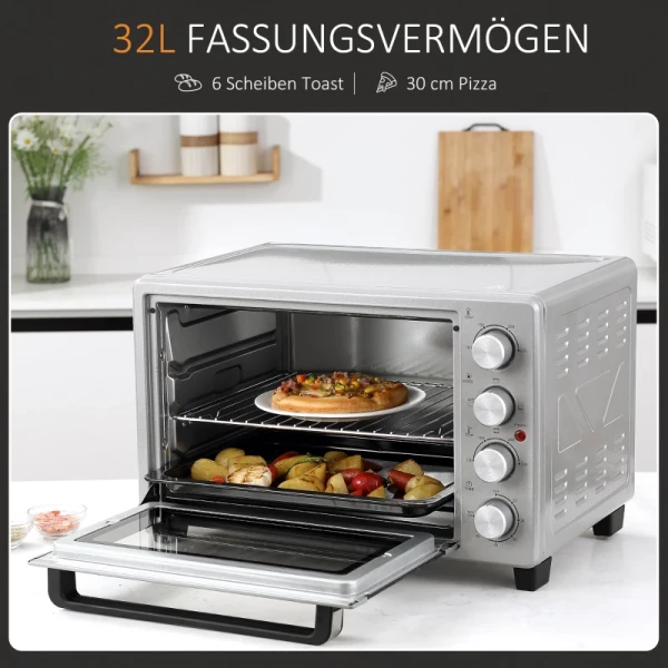  Mini-oven 32L 1600W Elektrische Mini-oven Met Slak Lekbak Metaal Roestvrij Staal Glas Zilver 52,2 X 38,1 X 33,5 Cm 4