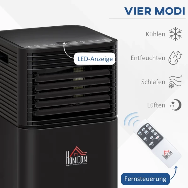  Mobiele Airco 8000BTU 4-in-1 Airco Met Afstandsbediening, Koeling, Ventilatie, Ontvochtiging En Slaapstand, 24-uurs Timer 2 Snelheden 860W LED Display ABS Zwart 4