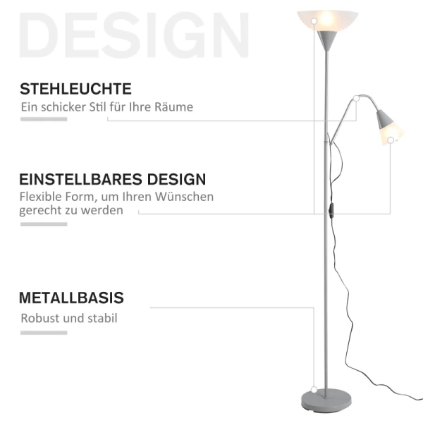  Moderne Vloerlamp 2 Koppen Verstelbaar Leeslicht, Staande Lamp, Ontwerp Met Dubbele Koppen Met Stalen Voet, Zilver, Wit, 28 X 28 X 179,5 Cm 4