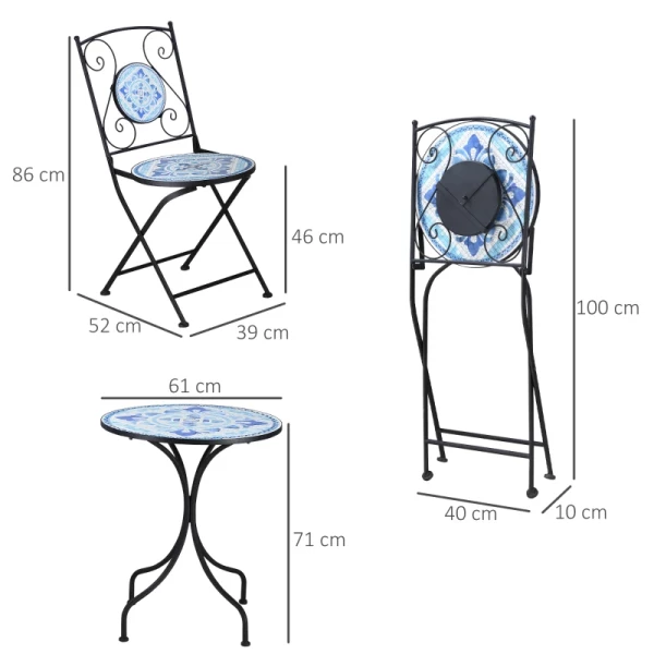  Ø 61 Cm Tuinzitgroep 3-delige Bistroset 1 Tafel + 2 Klapstoelen Voor Terras Balkon Staalblauw 3