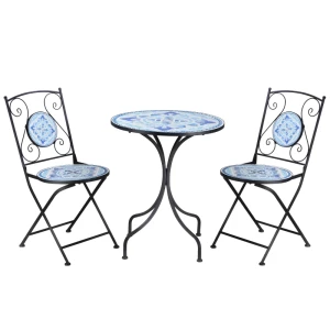  Ø 61 Cm Tuinzitgroep 3-delige Bistroset 1 Tafel + 2 Klapstoelen Voor Terras Balkon Staalblauw 1