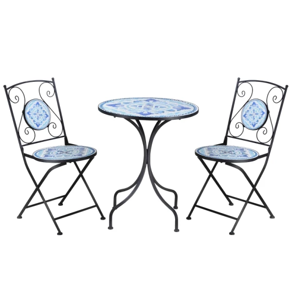 Ø 61 Cm Tuinzitgroep 3-delige Bistroset 1 Tafel + 2 Klapstoelen Voor Terras Balkon Staalblauw 1