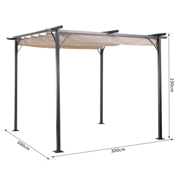  Ombouwpaviljoen Tuinpaviljoen Met Schuifdak D.m.v. Kabel Waterafstotende Zonnekap UV-bestendig Metaal + Polyester Beige 3 X 3 X 2,3 M 3