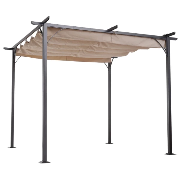 Ombouwpaviljoen Tuinpaviljoen Met Schuifdak D.m.v. Kabel Waterafstotende Zonnekap UV-bestendig Metaal + Polyester Beige 3 X 3 X 2,3 M 1