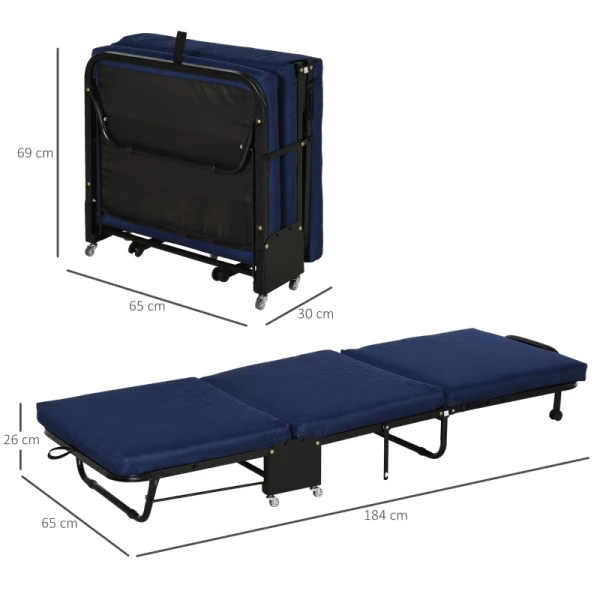  Opklapbaar Logeerbed, 2-in-1 Opklapbed Met Wielen, In Hoogte Verstelbare Hoofdeinde, Staal + Schuim, Blauw, 184 X 65 X 26 Cm 4