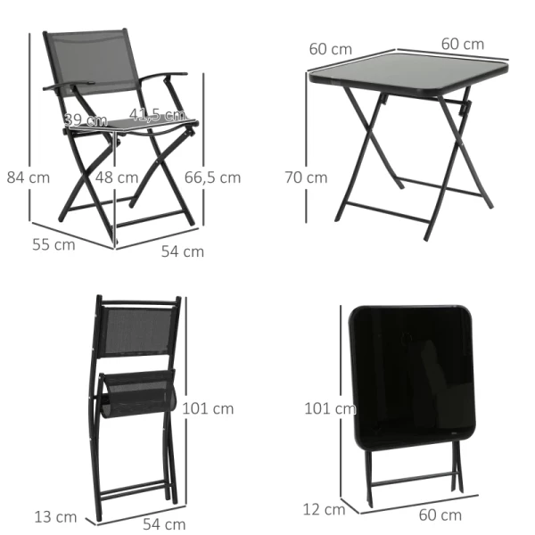  Opklapbare 3-delige Zitgroep. Balkonset Balkonmeubel 1 Tafel + 2 Stoelen Tuinmeubelset Zitset Metaal Gaas Zwart + Grijs 3