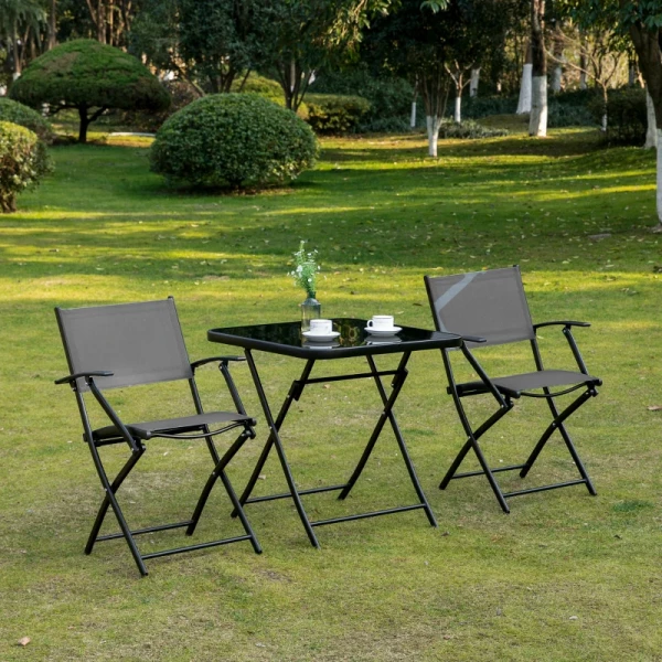  Opklapbare 3-delige Zitgroep. Balkonset Balkonmeubel 1 Tafel + 2 Stoelen Tuinmeubelset Zitset Metaal Gaas Zwart + Grijs 10