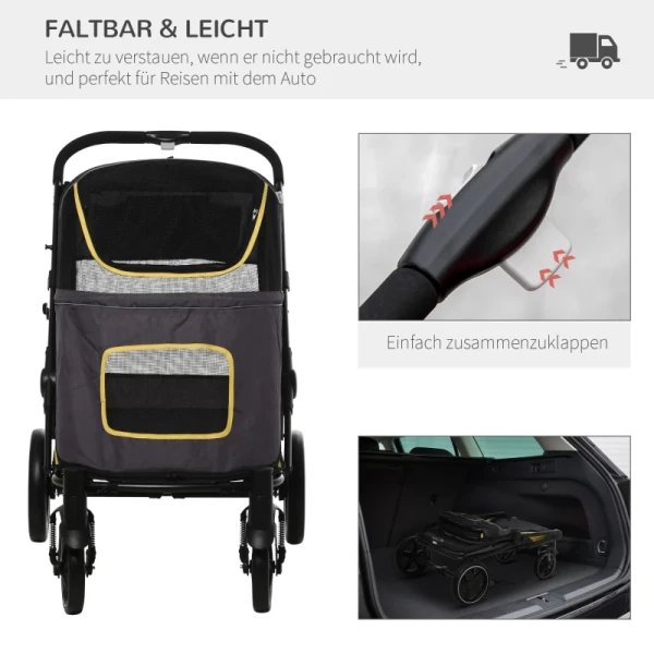  Opvouwbare Hondenkar Pet Buggy Mesh Windows Opbergzakken Stalen Frame Grijs+Geel 112x65x100cm 5