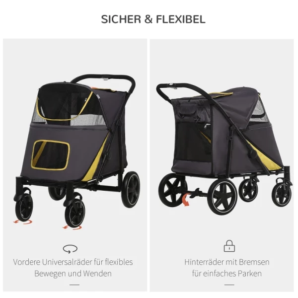  Opvouwbare Hondenkar Pet Buggy Mesh Windows Opbergzakken Stalen Frame Grijs+Geel 112x65x100cm 6