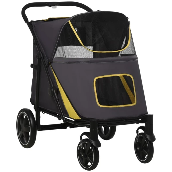 Opvouwbare Hondenkar Pet Buggy Mesh Windows Opbergzakken Stalen Frame Grijs+Geel 112x65x100cm 1