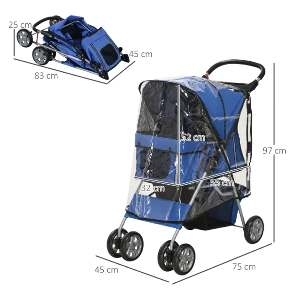  Opvouwbare Huisdierenbuggy Met 1 Mand, 2 Bekerhouders, 75cm X 45cm X 97cm, Blauw 3