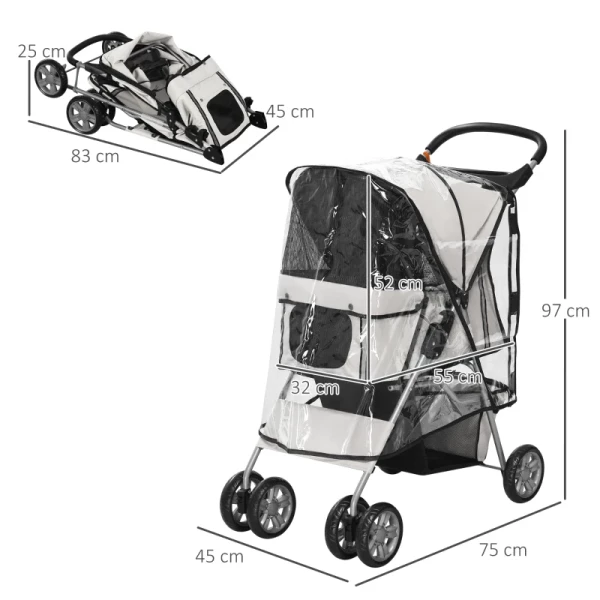  Opvouwbare Huisdierenbuggy Met 1 Mand, 2 Bekerhouders, 75cm X 45cm X 97cm, Grijs 3