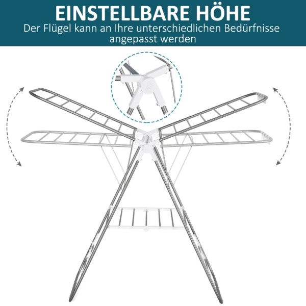  Opvouwbare Kledingdroger, Draagbare Vleugeldroger, Staande Droger Met Telescoopstangen, Roestvrij Staal, Kunststof, Zilver, Wit, 146 X 60,5 X 98 Cm 4