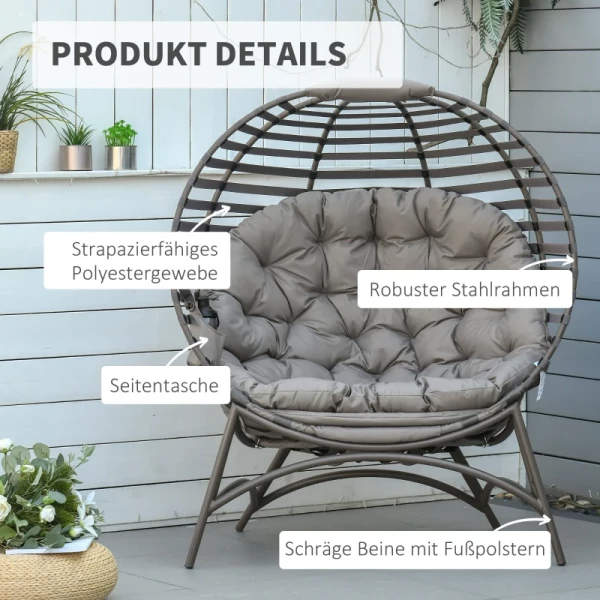  Papasan Stoel Tuinstoel 2 Mand Stoel Met Kussen Ovaal Loungestoel Mand Opklapbaar Balkon Terras Buiten/binnen Zandbruin Staal 118 X 75 X 139 Cm 4