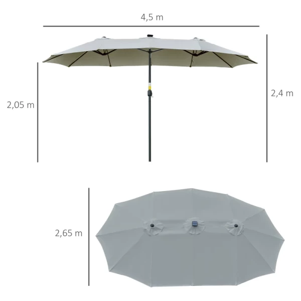  Parasol Met LED Solar 4,5 M Dubbele Parasol Tuinparasol Marktparasol Terrasparasol Ovaal Lichtgrijs + Zwart 3