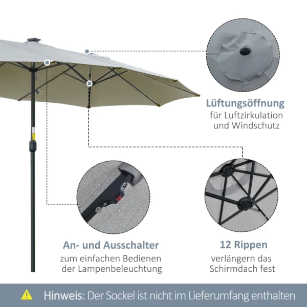  Parasol Met LED Solar 4,5 M Dubbele Parasol Tuinparasol Marktparasol Terrasparasol Ovaal Lichtgrijs + Zwart 5