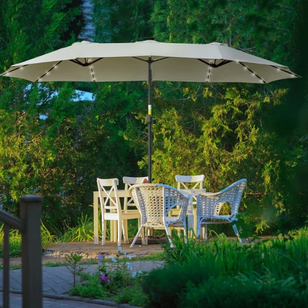  Parasol Met LED Solar 4,5 M Dubbele Parasol Tuinparasol Marktparasol Terrasparasol Ovaal Lichtgrijs + Zwart 10