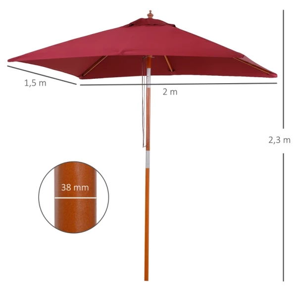  Parasol, Opvouwbare Tuinparasol, Strandparasol, 3-traps Verstelbaar, Dennenhout + Polyester, Wijnrood, 200 X 150 X 230 Cm 3