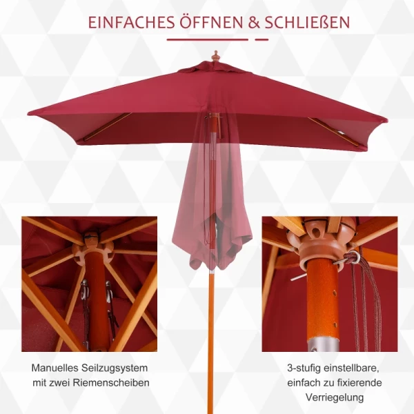  Parasol, Opvouwbare Tuinparasol, Strandparasol, 3-traps Verstelbaar, Dennenhout + Polyester, Wijnrood, 200 X 150 X 230 Cm 5