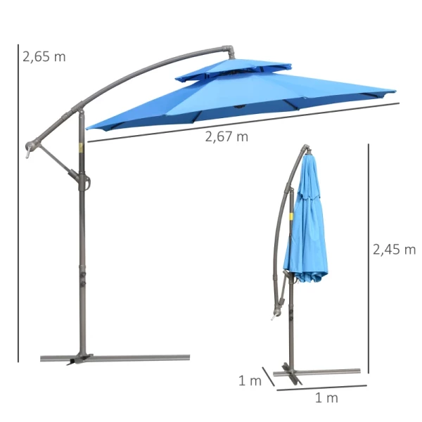  Parasol Zweefparasol Ø2,67 X 2,45 M Zwengelparasol Met Dubbel Dak Kruisvoet Staal Buitenzonwering Polyester Staal Blauw 3