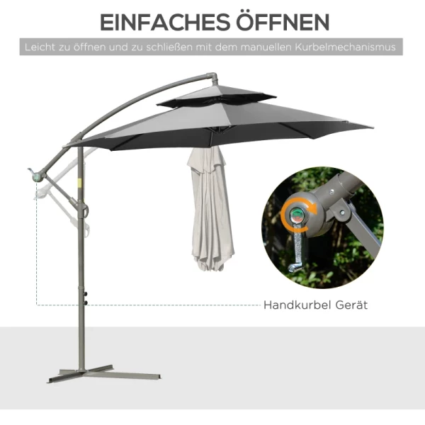  Parasol Zweefparasol Ø2,67 X 2,45 M Zwengelparasol Met Dubbel Dak Kruisvoet Staal Buitenzonwering Polyester Staal Lichtgrijs 4