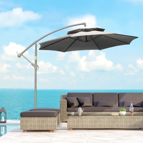  Parasol Zweefparasol Ø2,67 X 2,45 M Zwengelparasol Met Dubbel Dak Kruisvoet Staal Buitenzonwering Polyester Staal Lichtgrijs 10