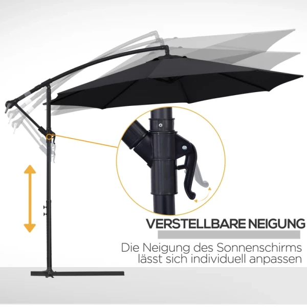  Parasol Zweefparasol, Zwengelparasol Met Zwengel, Rond, Stalen Boogstangen En Stalen Staven, Polyester Stof, Zwart, Ø3 X 2,5H M 6